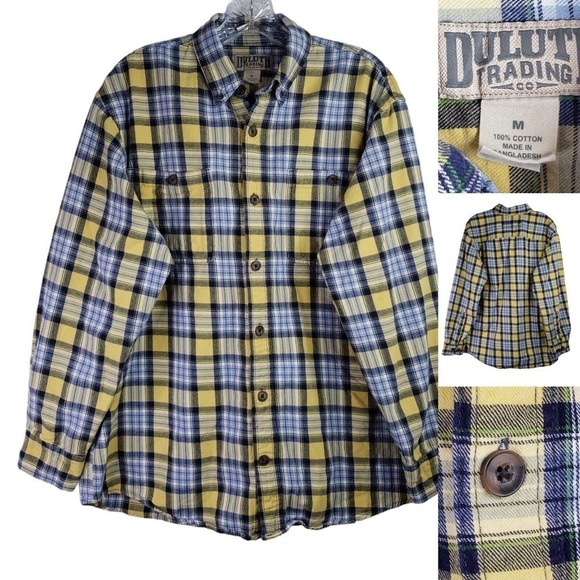 Duluth Trading Co Men’s Size M Shirt LS Shacket Flannel Button Down Plaid Yellow - Picture 1 of 9